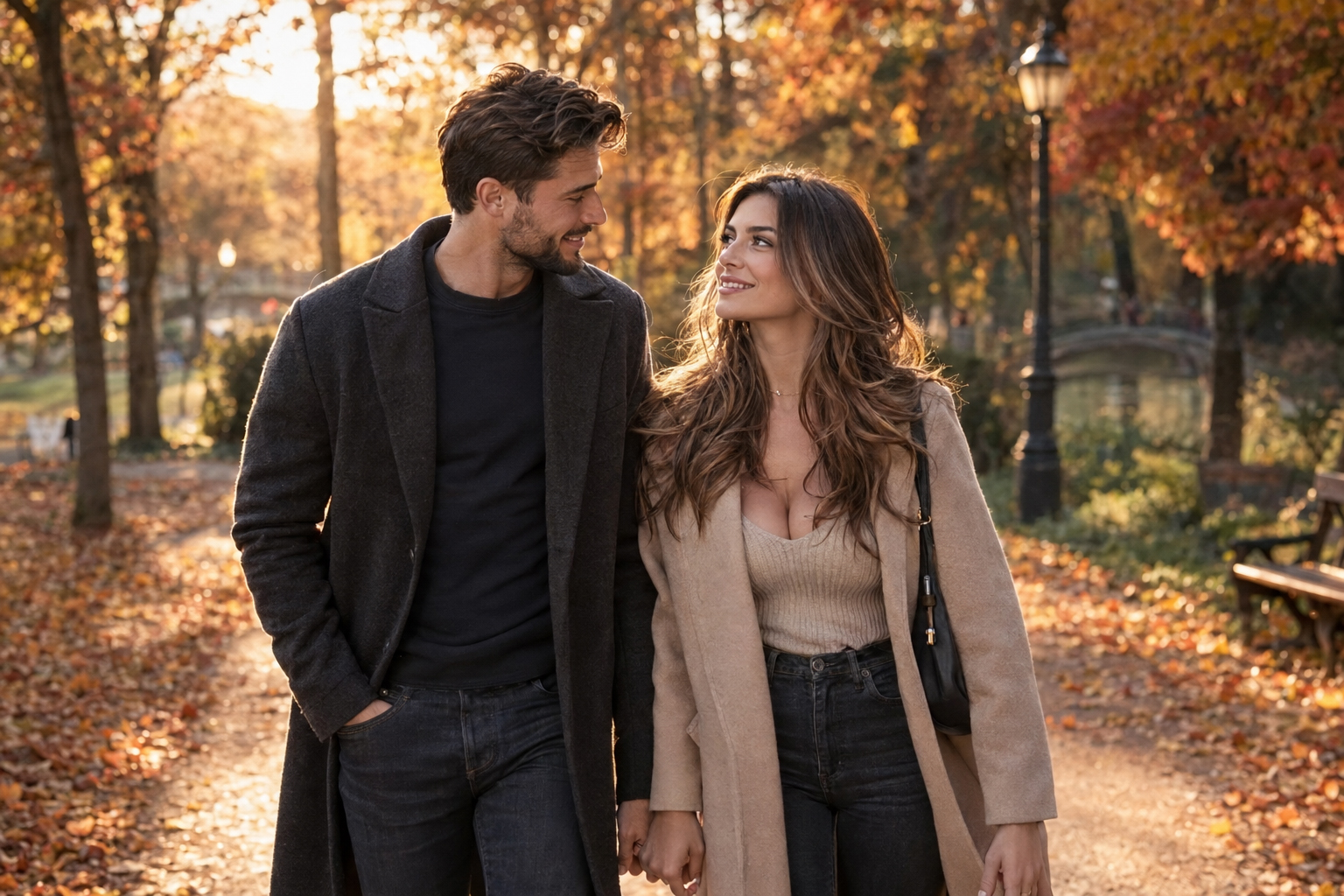 Mann und Frau gehen bei einem ersten Treffen nebeneinander durch einen herbstlichen Park
